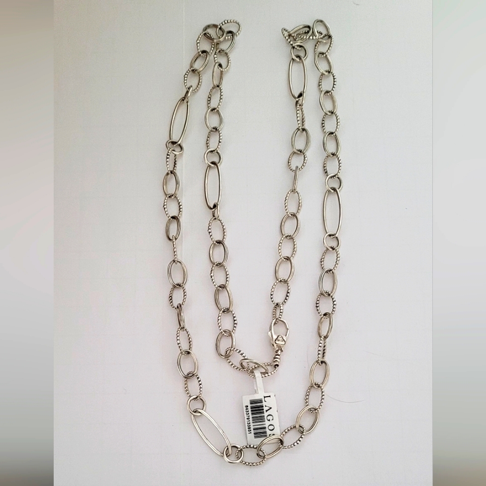 Lagos Signature Caviar Sterling Silver Link Necklace 34 Inches In Length